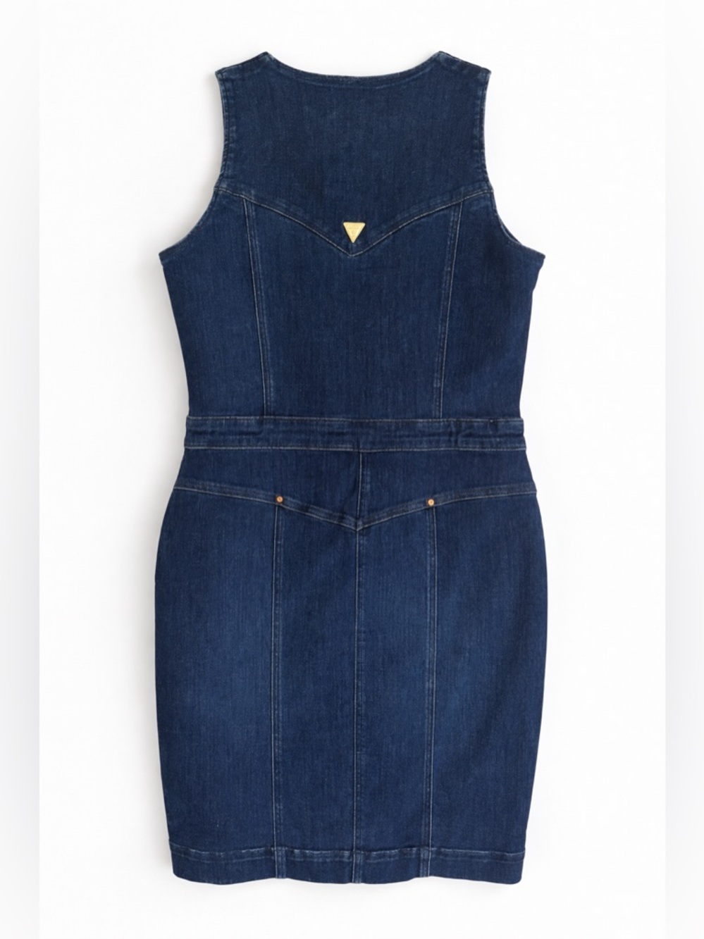 GUESS Stretch Denim Mini Dress Gold Button Front Structured Waist Y2K Jean Dress - Picture 8 of 17